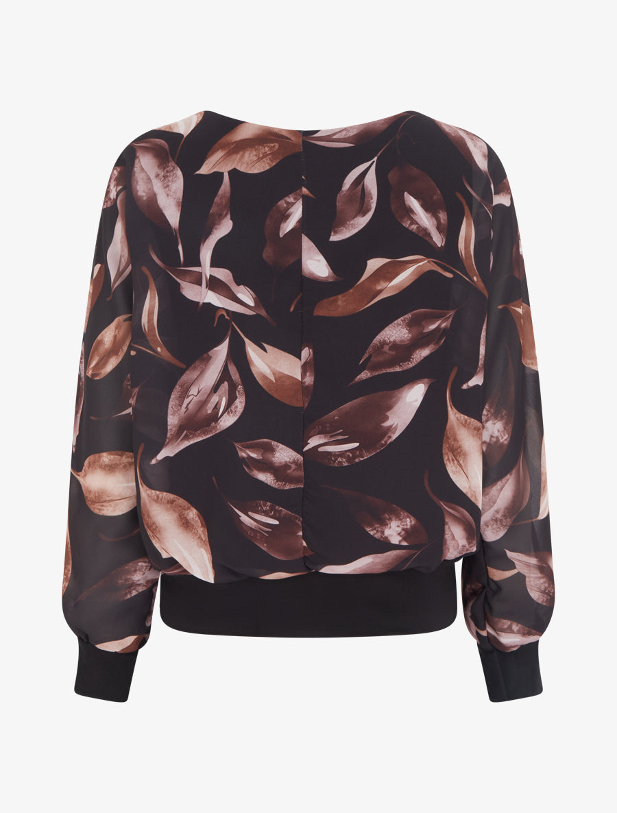 Top boule imprimé feuilles à manches chauve-souris - Noir - 2