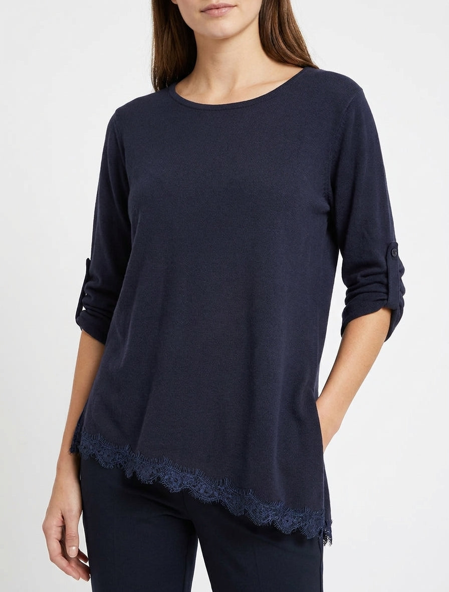 Pull à bords asymétriques et dentelle - Marine