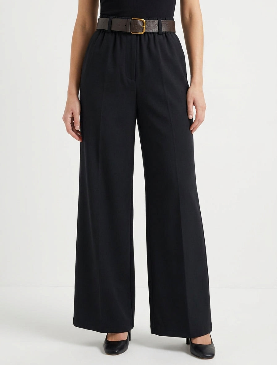 Pantalon ample uni à taille haute élastiquée - Noir