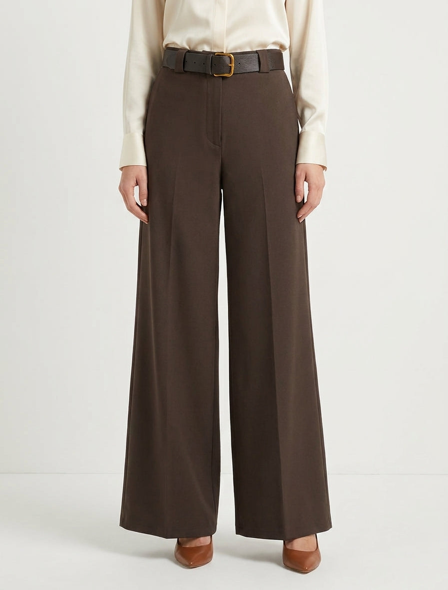 Pantalon ample uni à taille haute élastiquée - Marron
