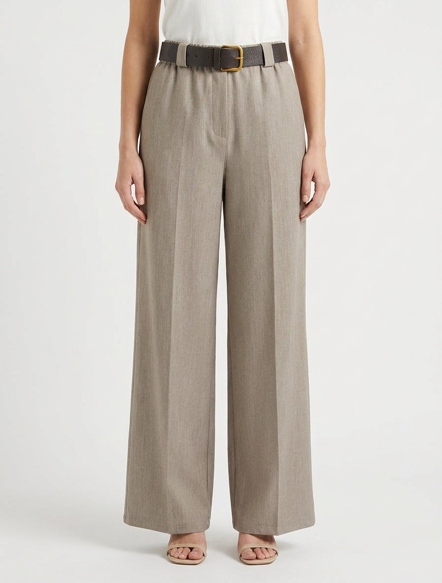 Pantalon ample uni à taille haute élastiquée - Taupe