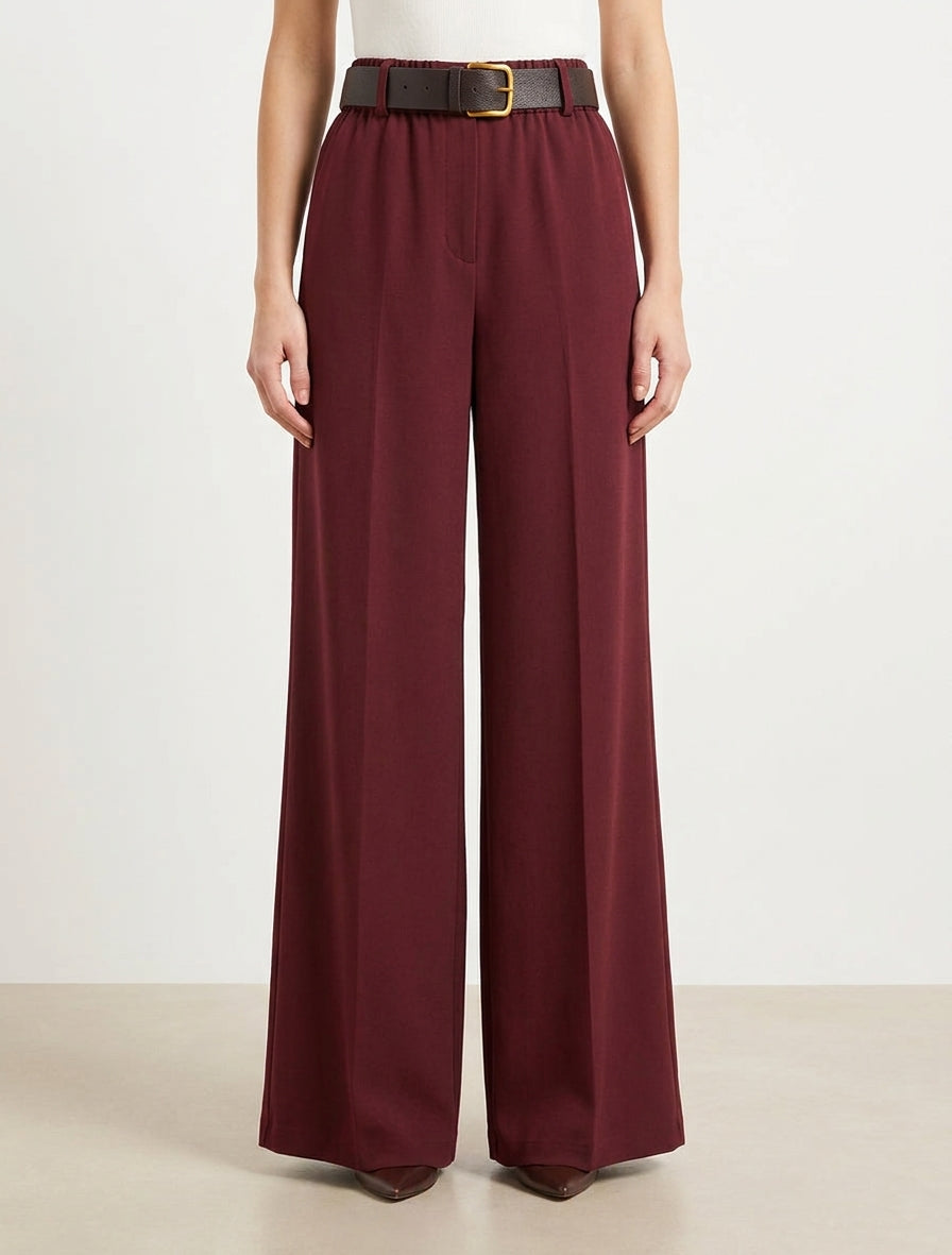 Pantalon ample uni à taille haute élastiquée - Bordeaux