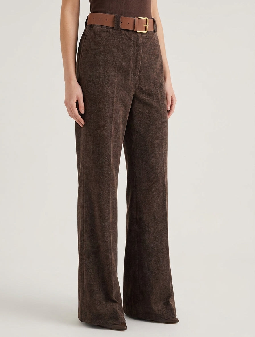 Pantalon élastiqué effet velours - Marron
