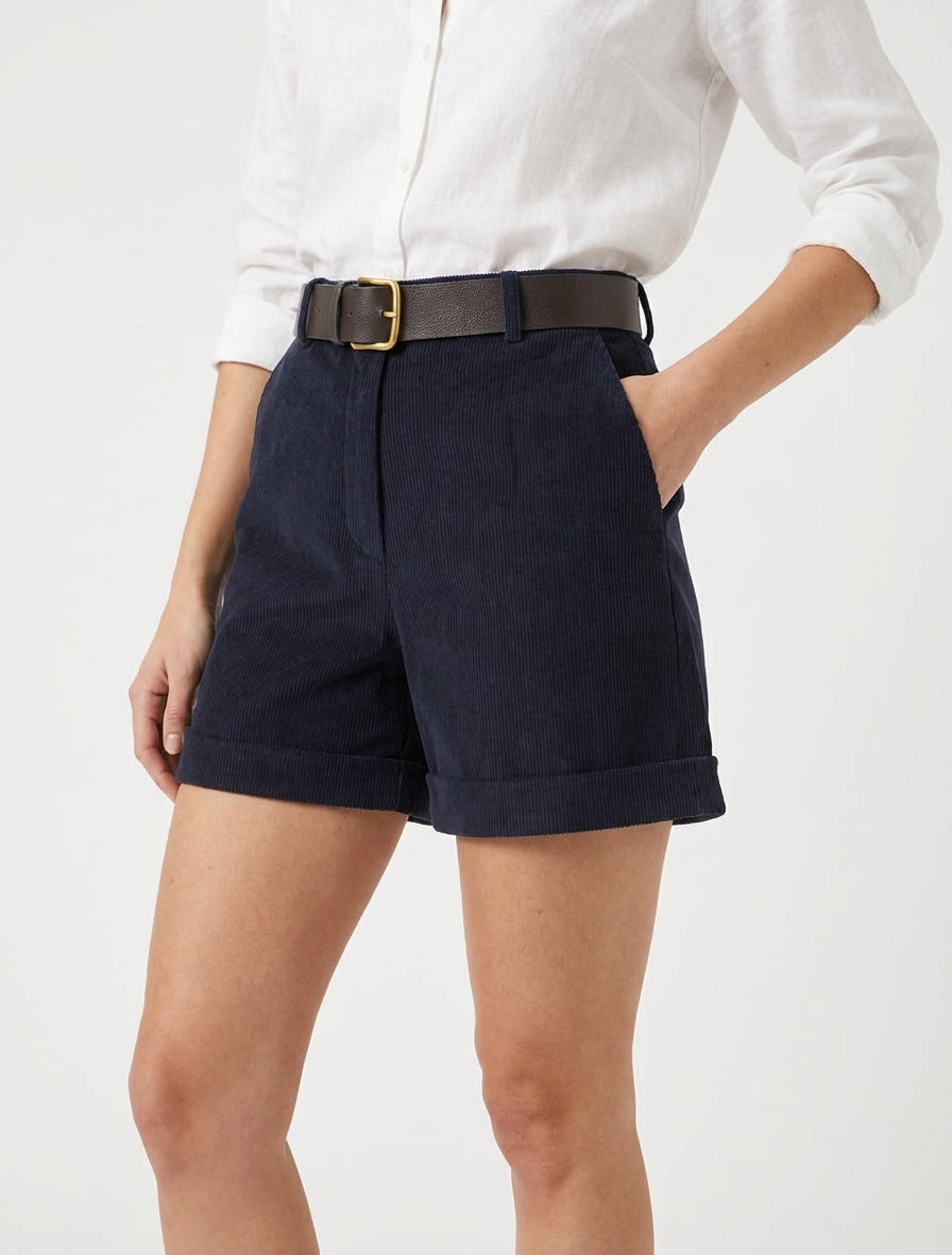 Short droit en velours côtelé taille haute - Marine