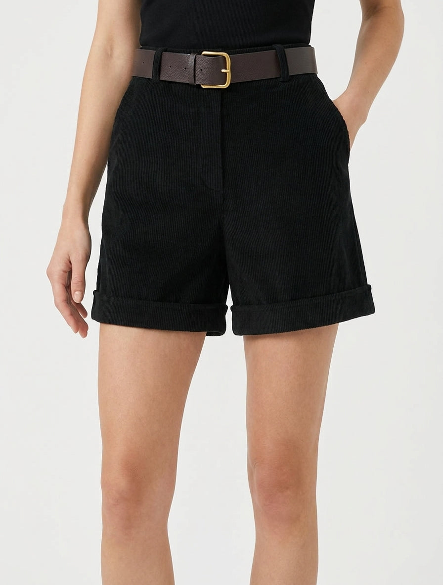Short droit en velours côtelé taille haute - Noir