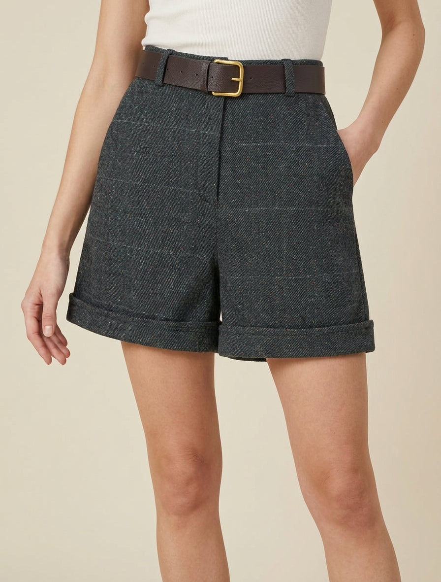 Short droit à carreaux taille haute - Gris foncé