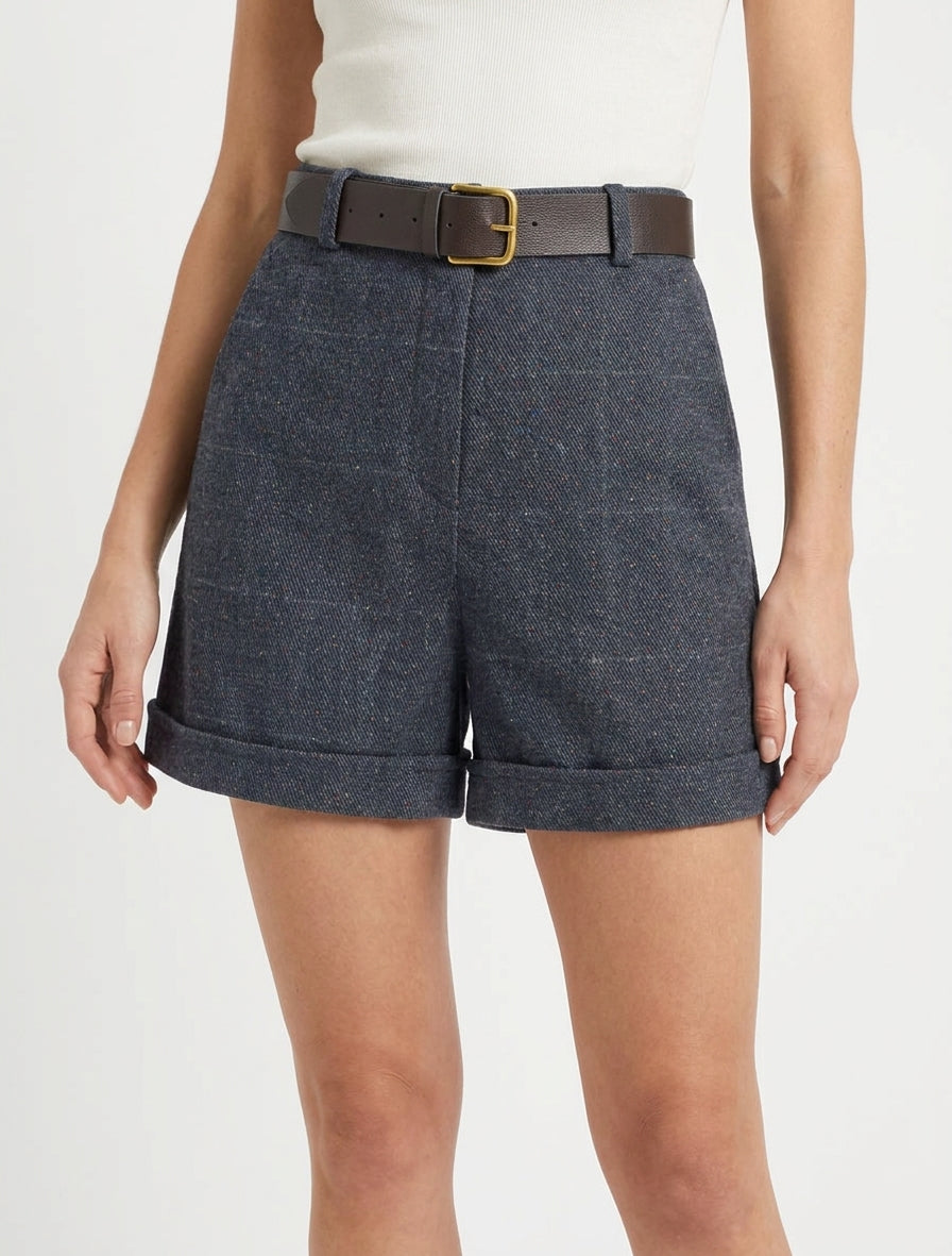 Short droit à carreaux taille haute - Bleu gris