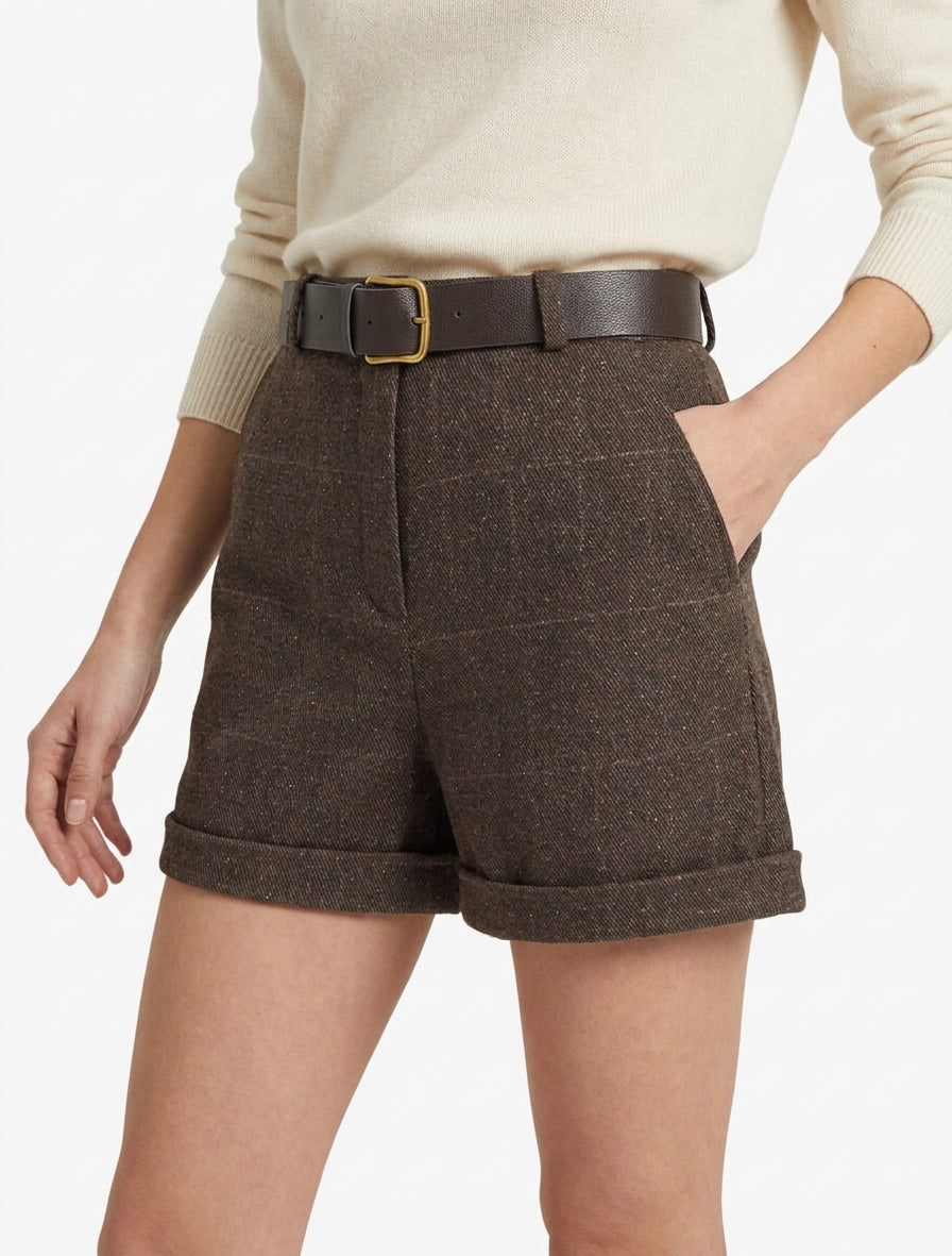 Short droit à carreaux taille haute - Marron