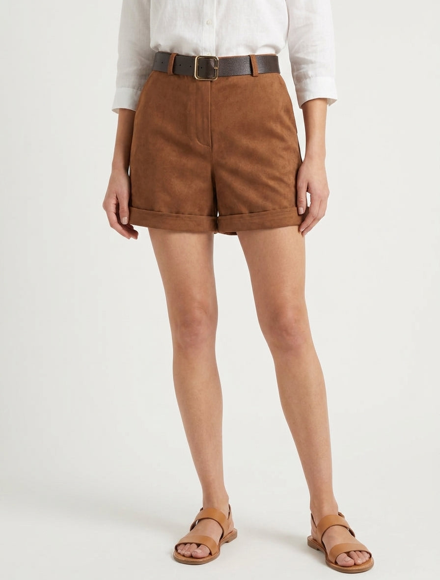 Short à revers en suédine - Camel