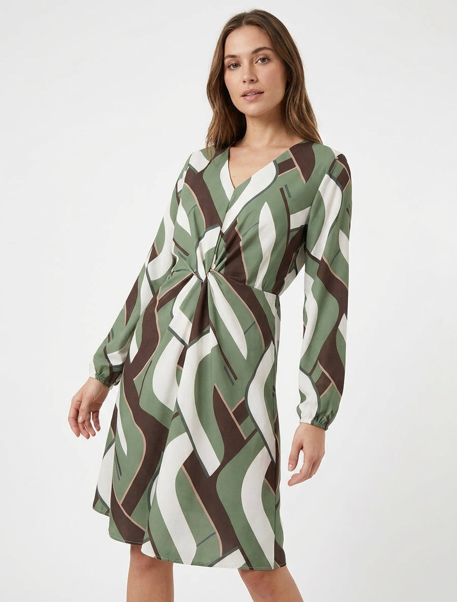 Robe manches longues imprimé graphique - Kaki
