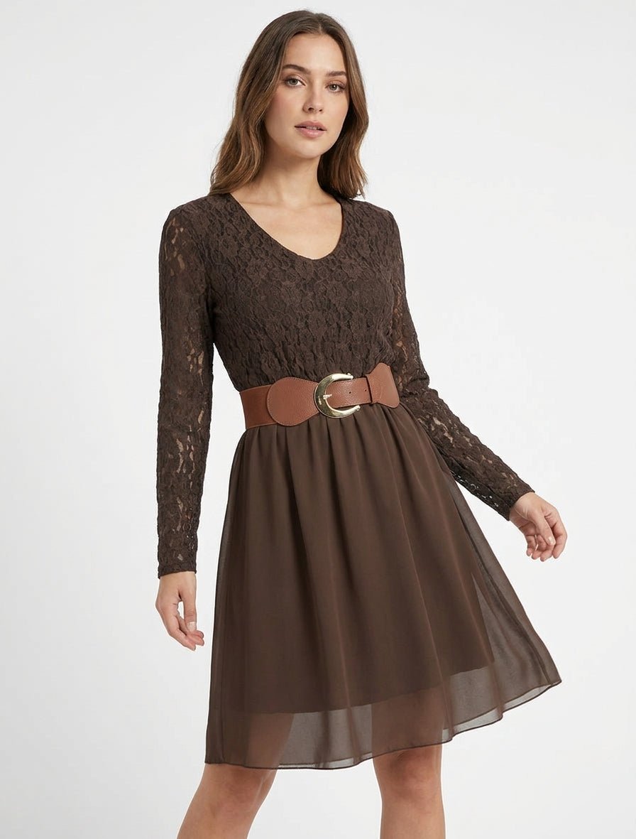 Robe évasée à buste en dentelle - Marron