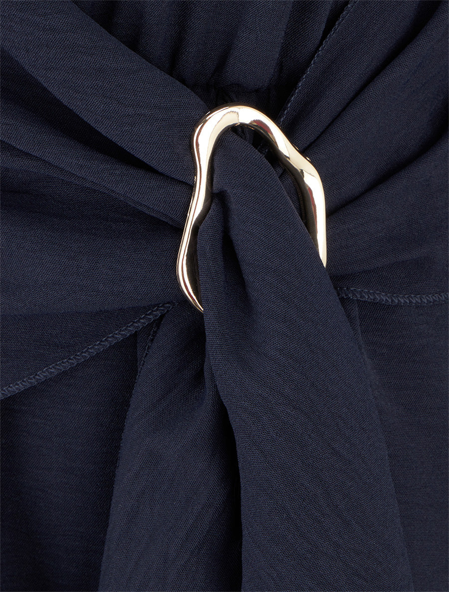 Robe évasée manches longues à pan drapé et bijou - Marine - 3
