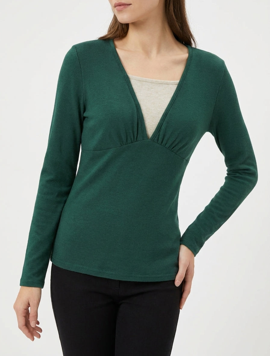 Pull fin bicolore à manches longues - Vert sapin