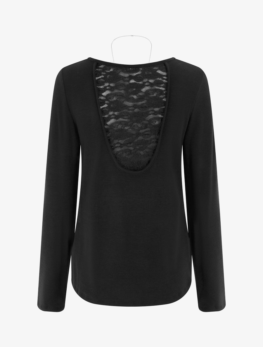 Pull coupe droite à dos en dentelle - Noir - 2