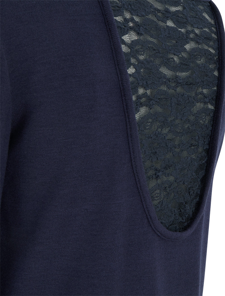 Pull coupe droite à dos en dentelle - Marine - 3