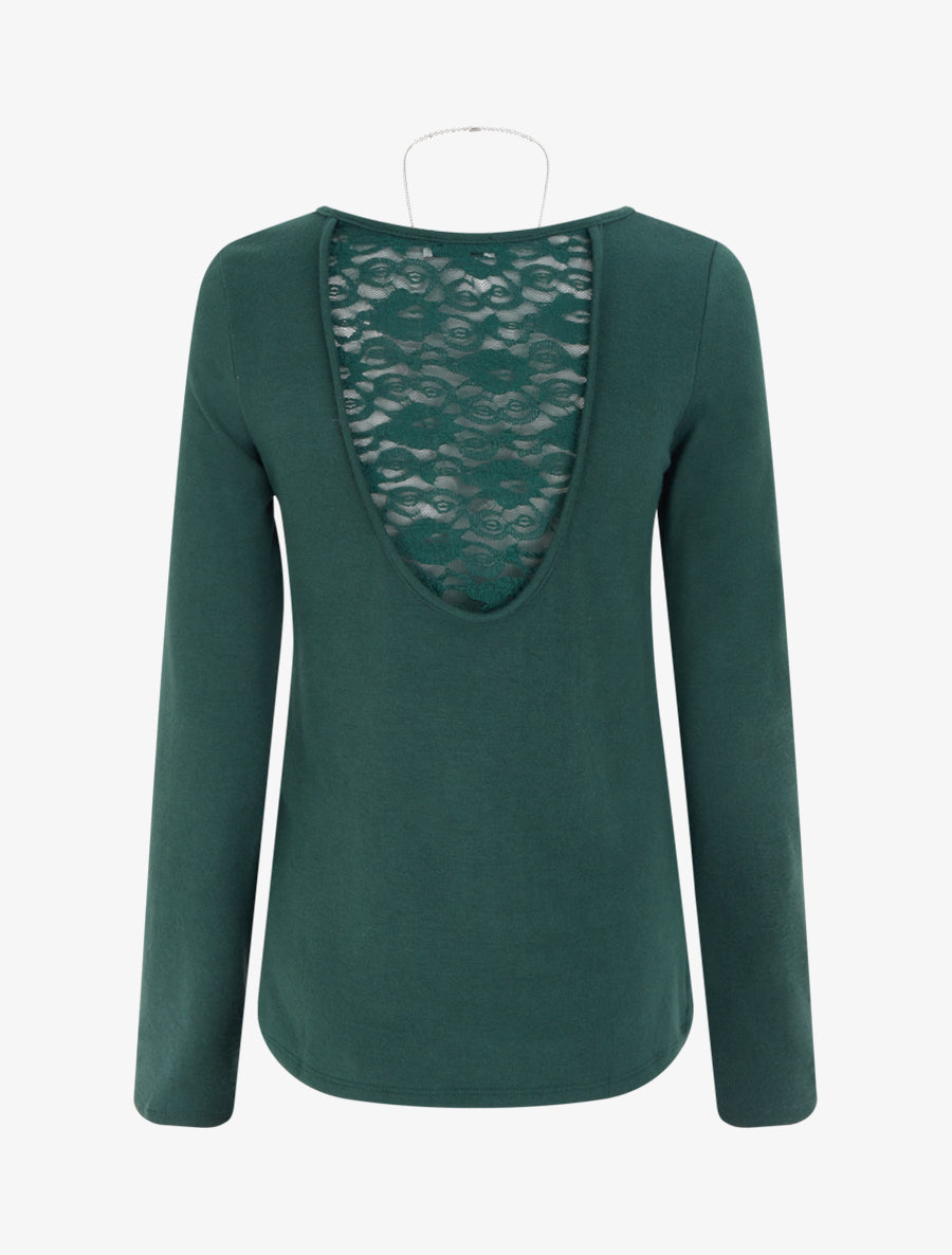 Pull coupe droite à dos en dentelle - Vert foncé - 2