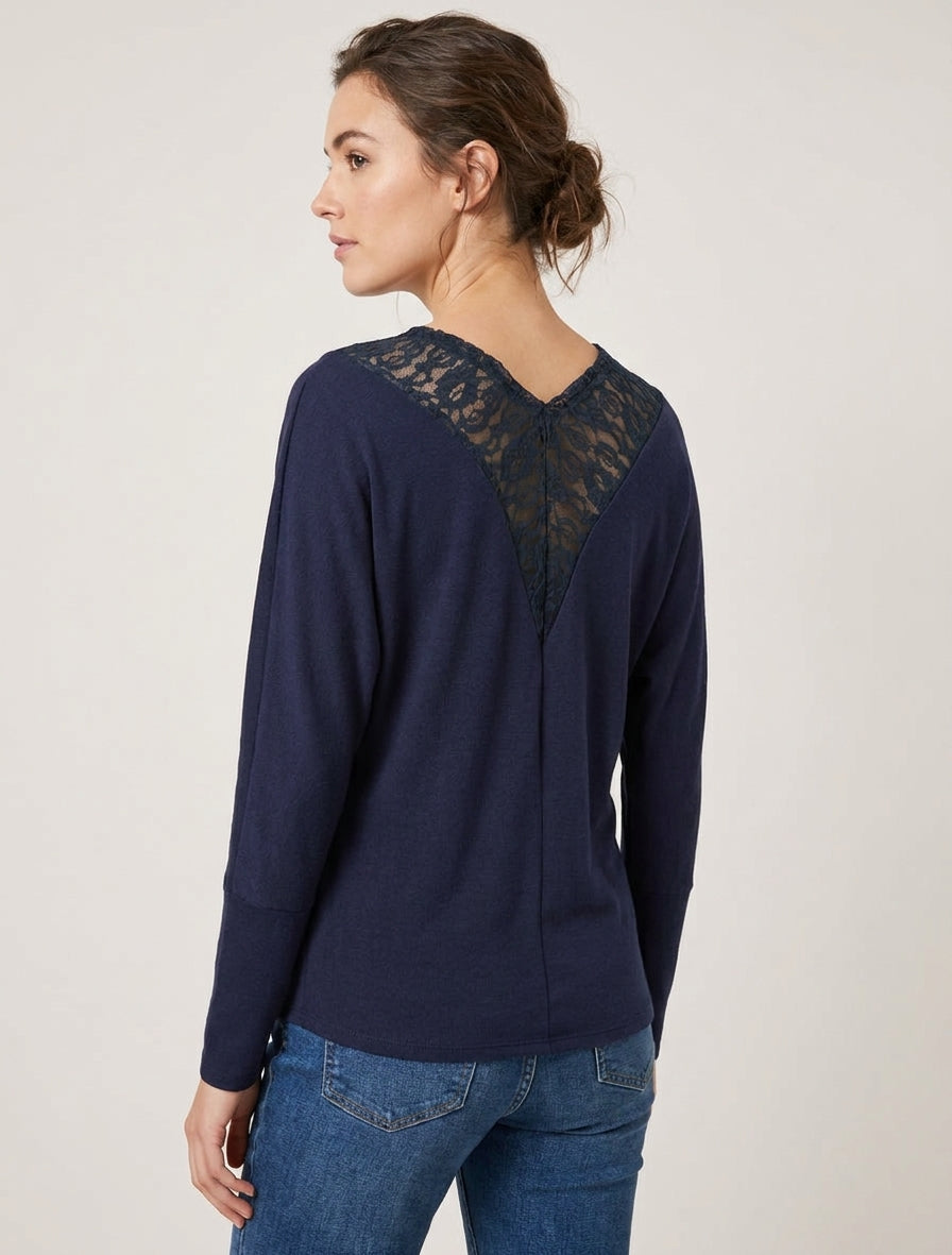 Pull à col bénitier et dos en V à dentelle - Marine
