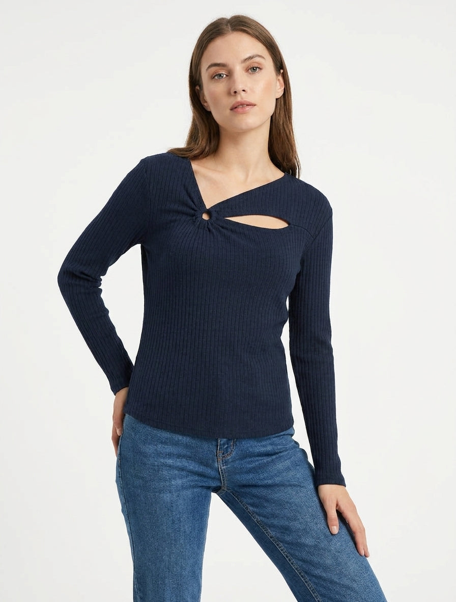 Pull côtelé à col asymétrique ajouré - Marine