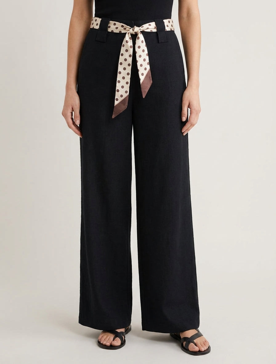 Pantalon uni ceinture satinée imprimée - Noir