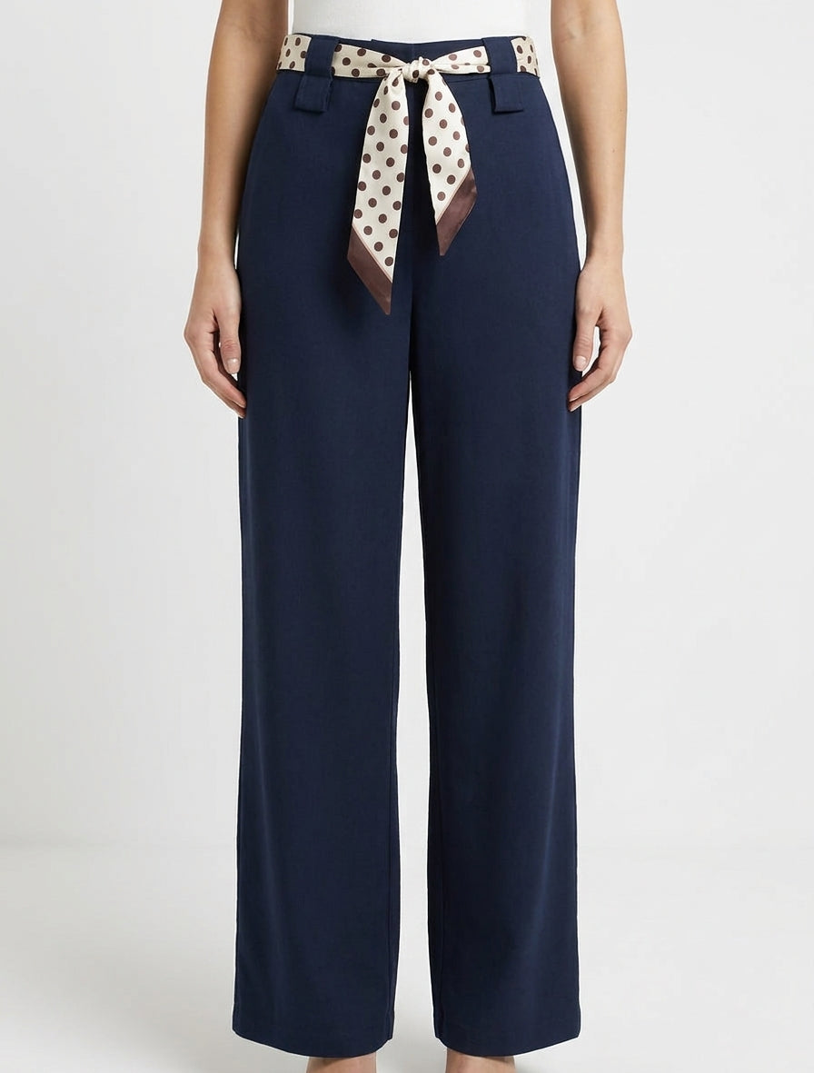 Pantalon uni ceinture satinée imprimée - Marine