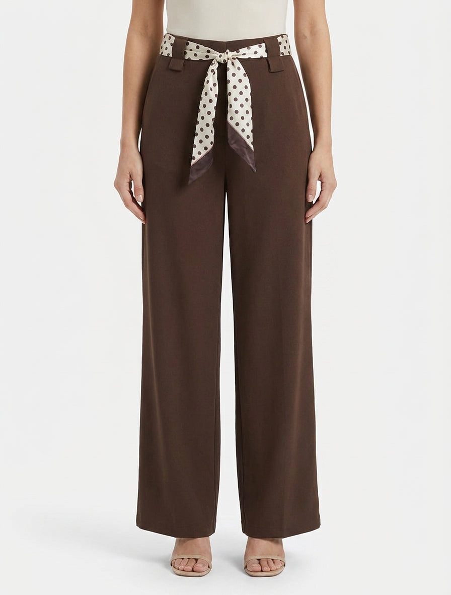 Pantalon uni ceinture satinée imprimée - Marron