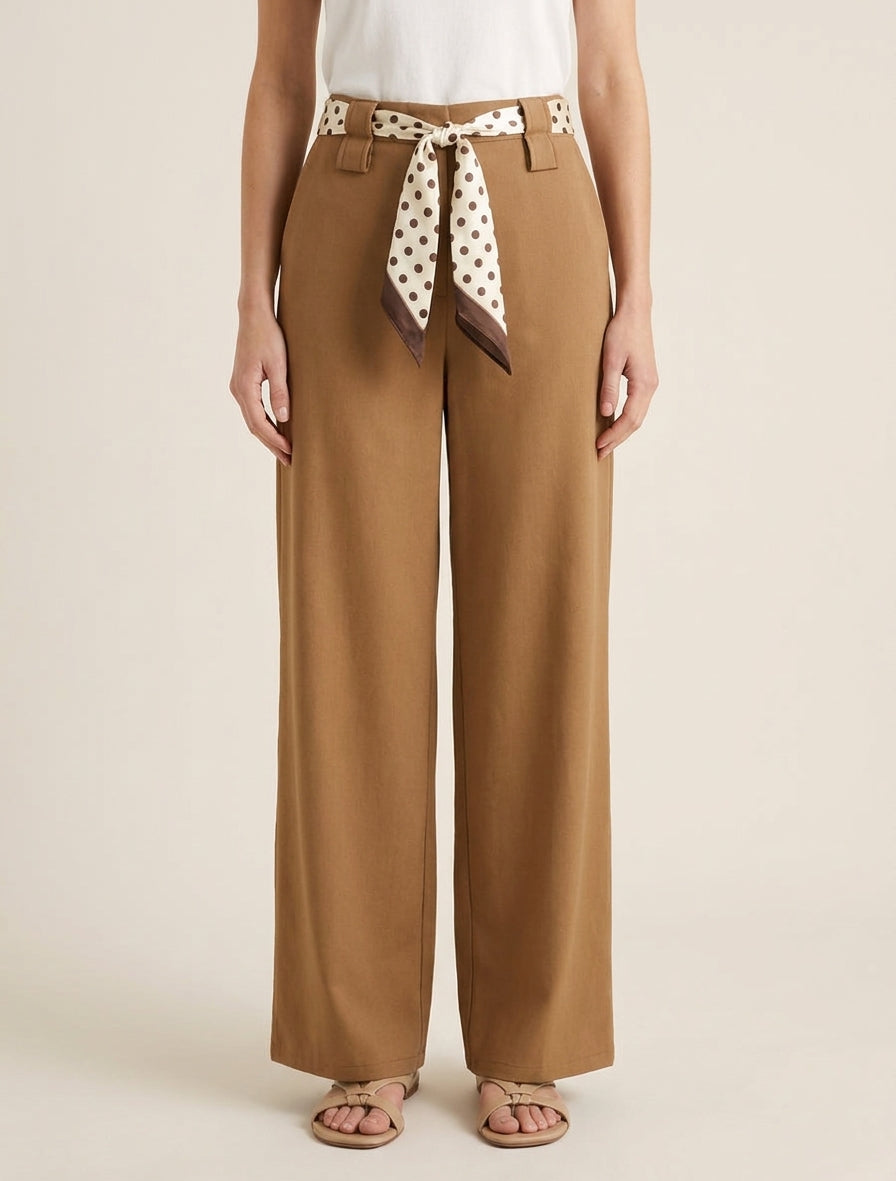 Pantalon uni ceinture satinée imprimée - Camel