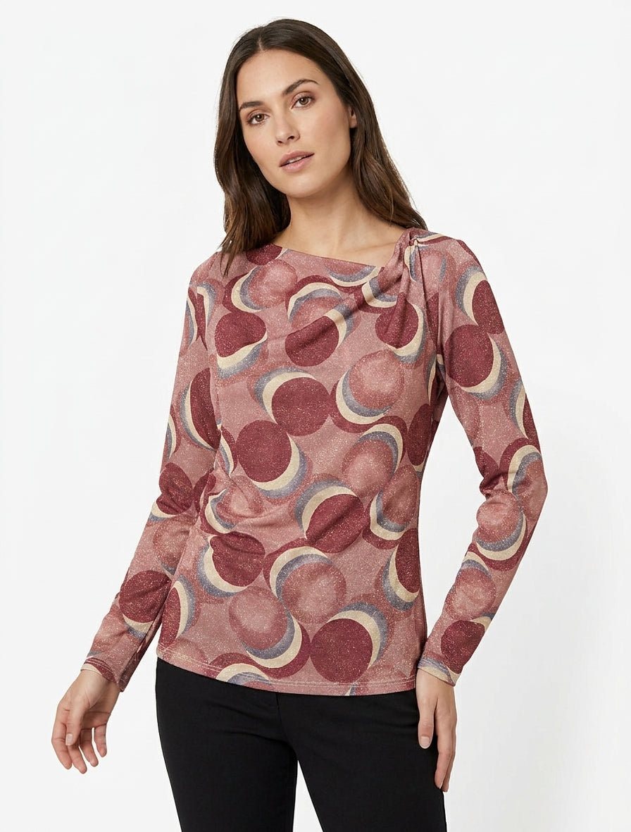 Top droit irisé imprimé ronds fantaisies - Vieux rose