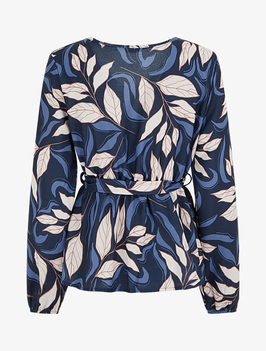 Blouse élastiquée à imprimé feuillage - Marine - 2