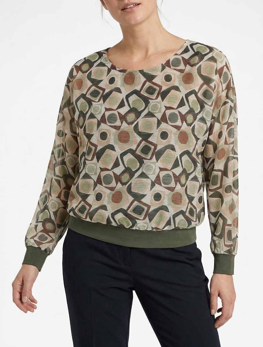 Blouse imprimé rétro à détail irisé - Kaki