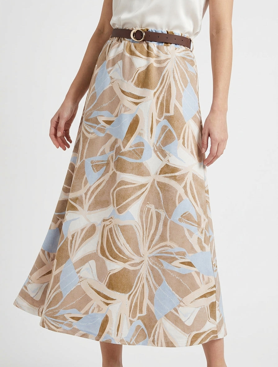 Jupe imprimé abstrait à taille élastiquée - Taupe
