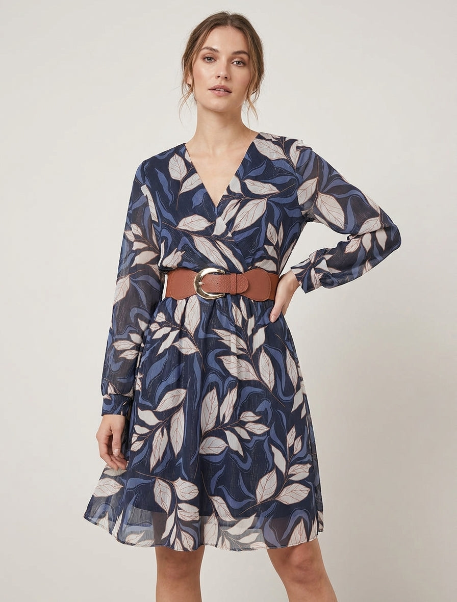 Robe irisée à imprimé feuillage - Marine