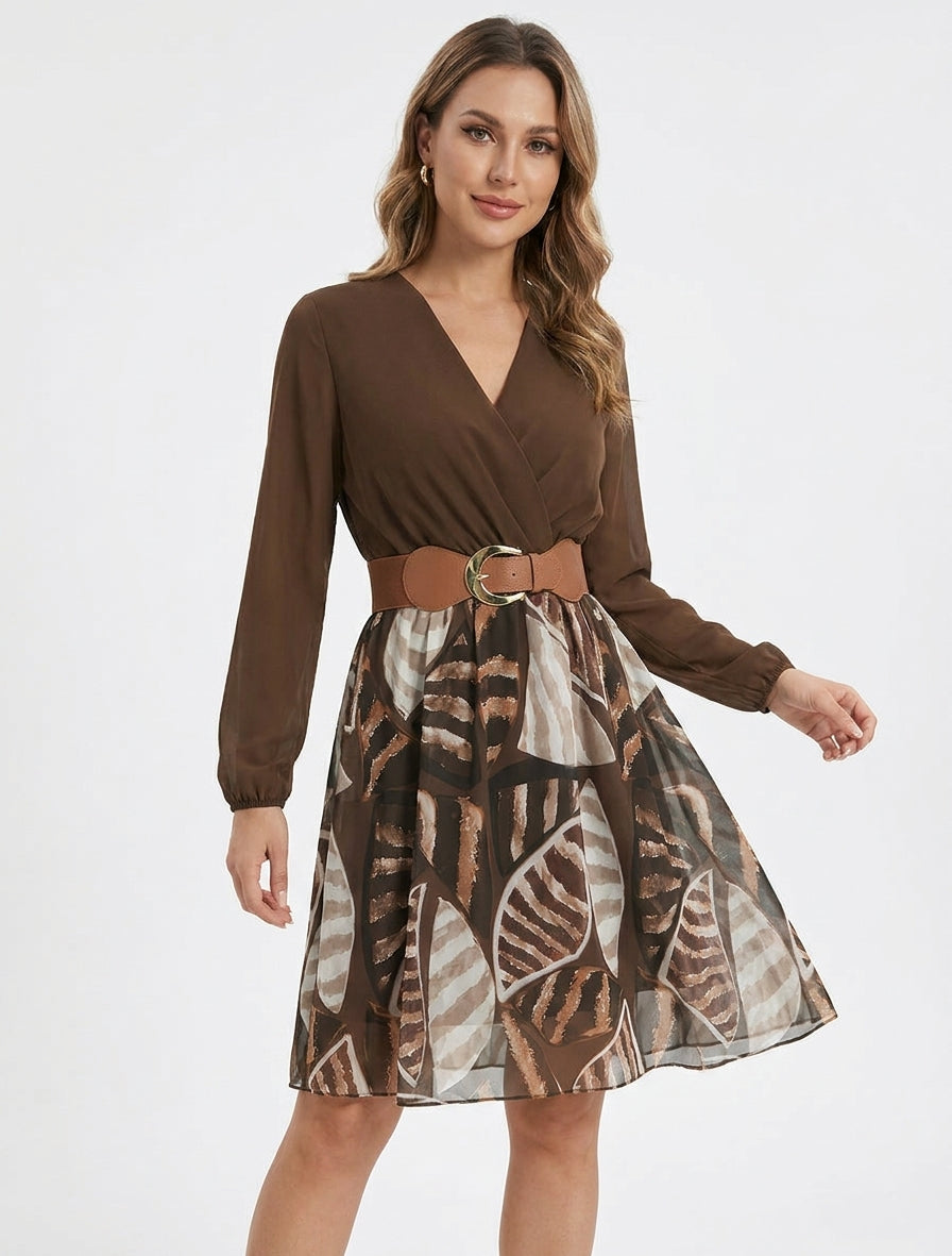 Robe évasée à imprimé feuilles abstraites - Marron