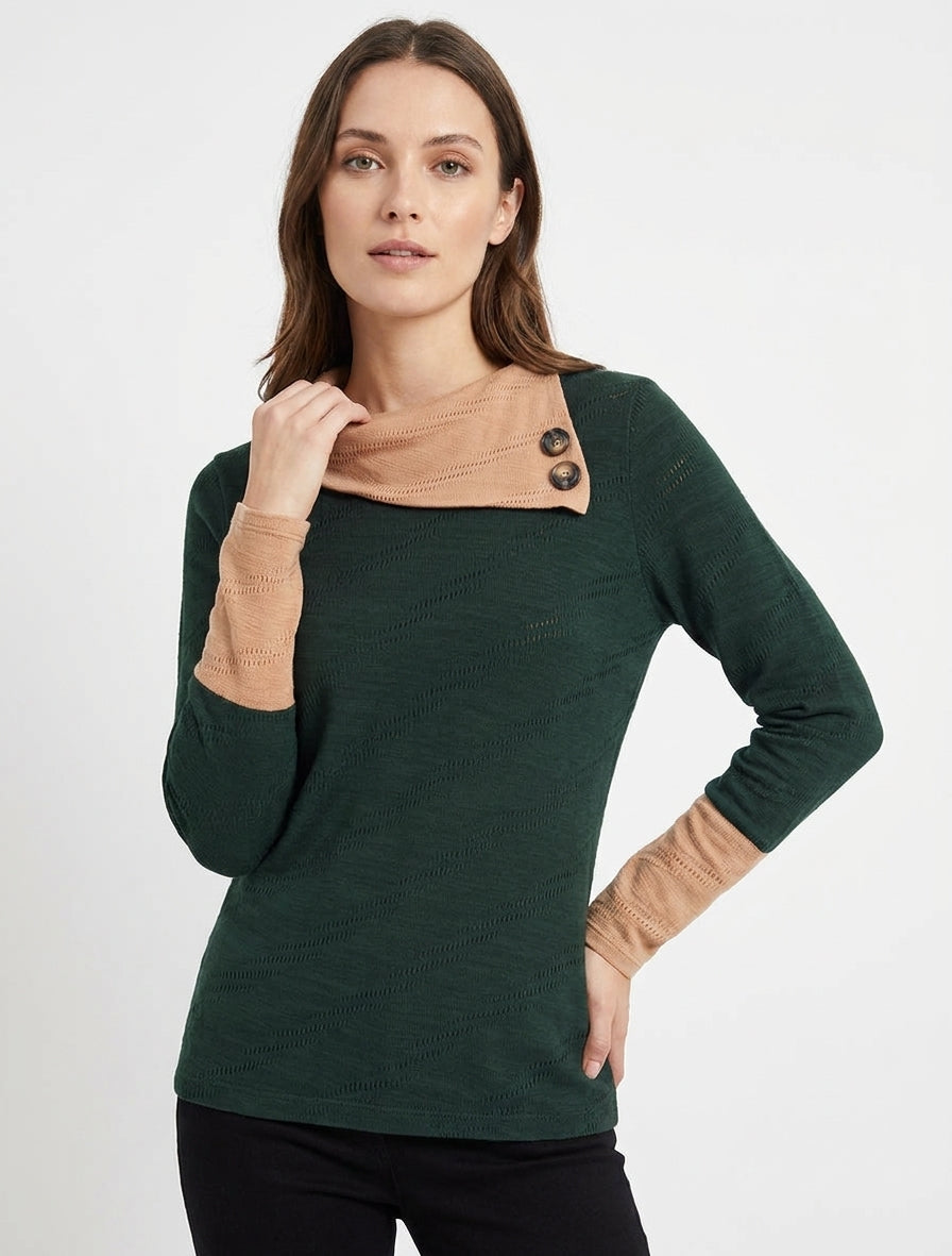 Pull texturé à col fantaisie boutonné - Vert foncé
