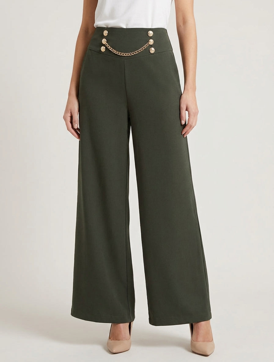 Pantalon taille haute à boutons et chaîne - Kaki