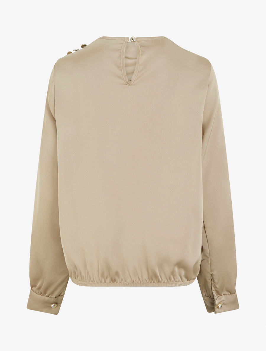 Top boule satiné à col bénitier et boutons - Beige - 2