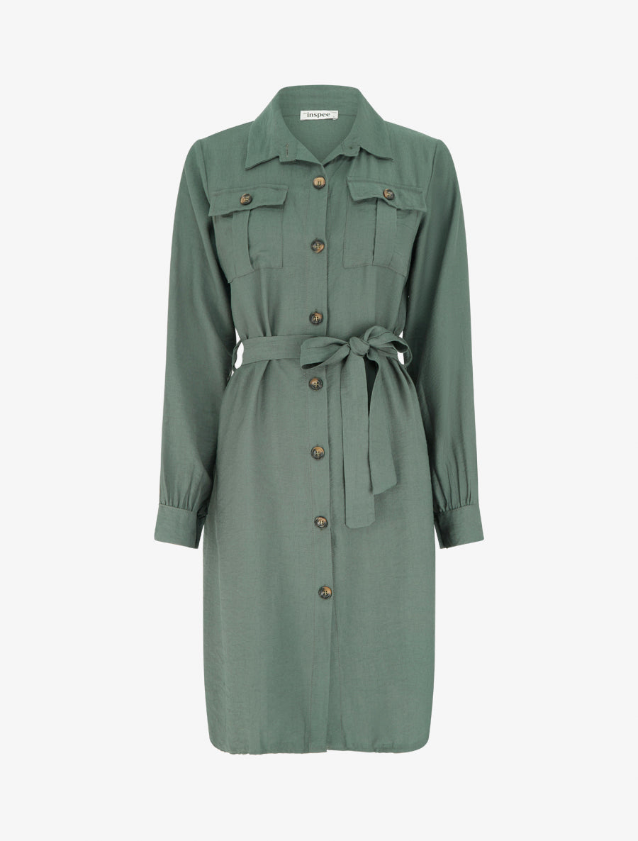 Robe chemise unie à nouer - Kaki - 1