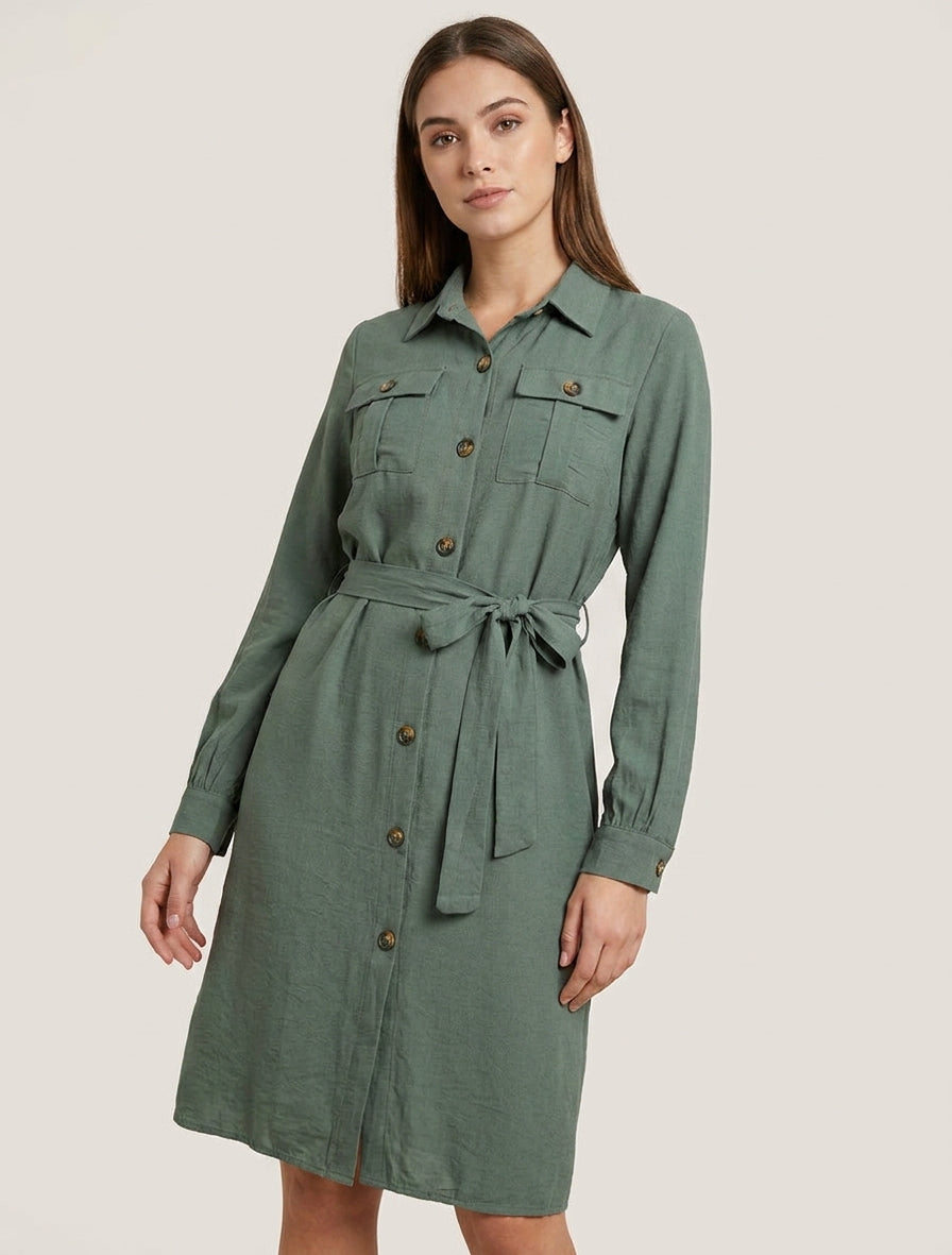 Robe chemise unie à nouer - Kaki