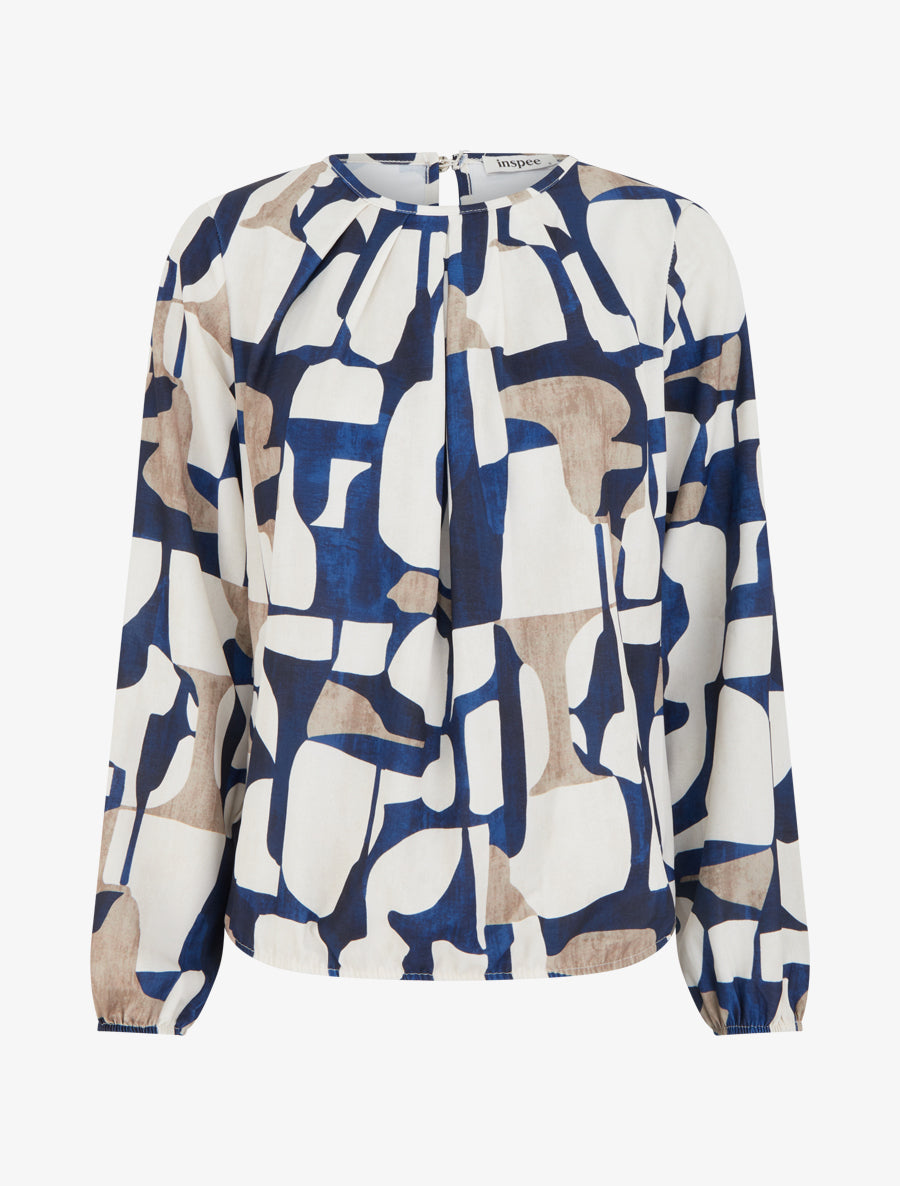 Blouse imprimé rétro à col rond - Marine - 1