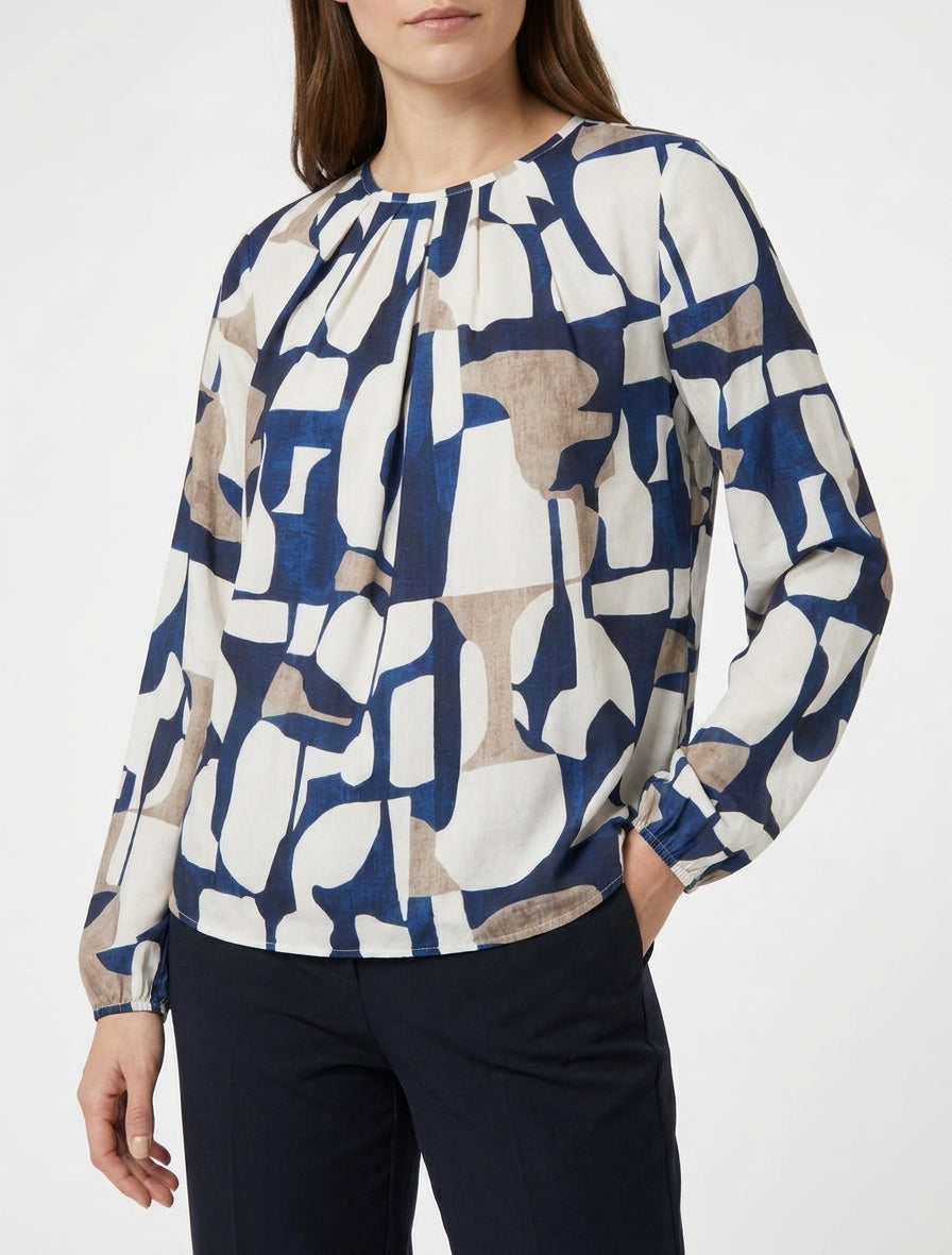 Blouse imprimé rétro à col rond - Marine