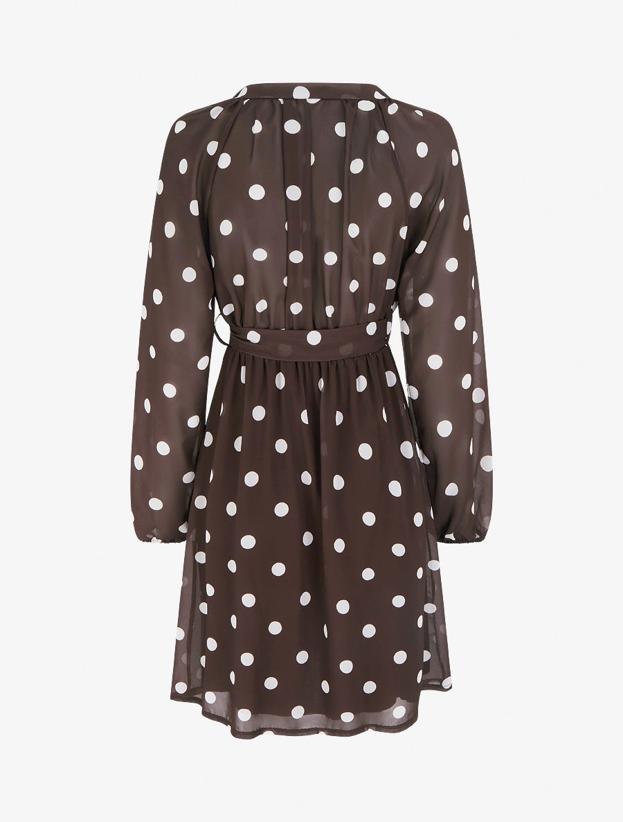 Robe à pois évasée à manches longues - Marron - 2