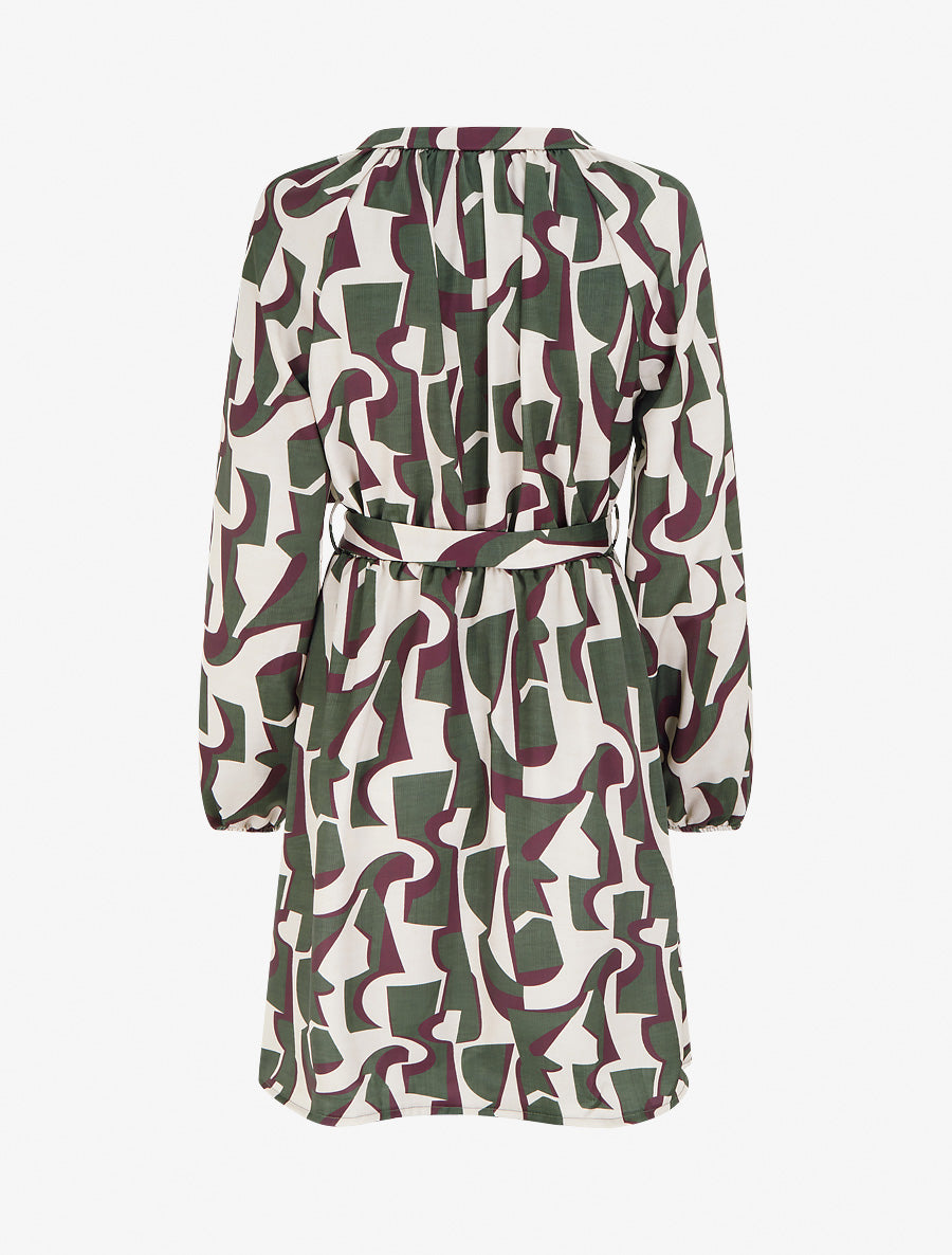 Robe satinée à manches longues et imprimé graphique - Kaki - 2