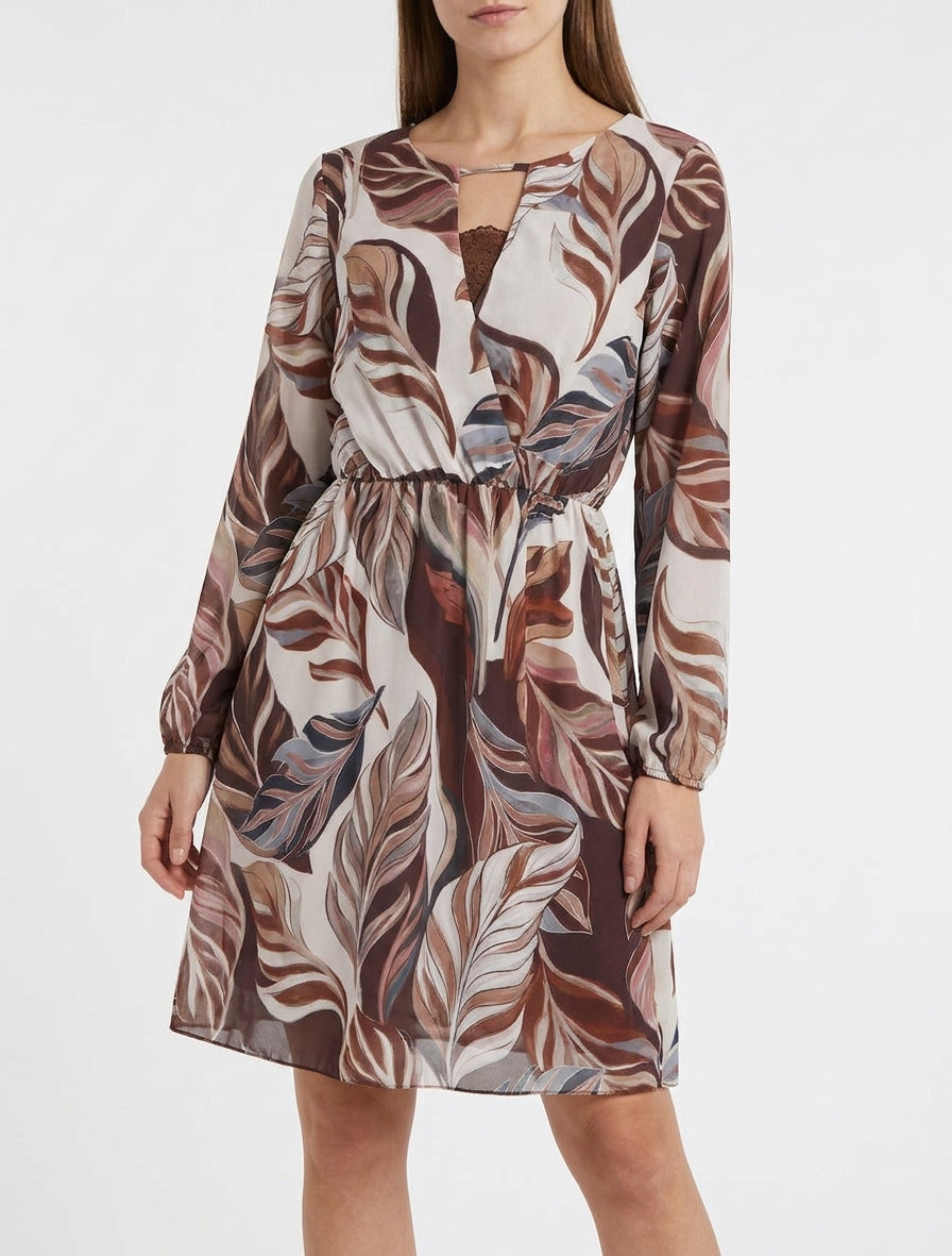 Robe évasée imprimé feuilles stylisées - Marron