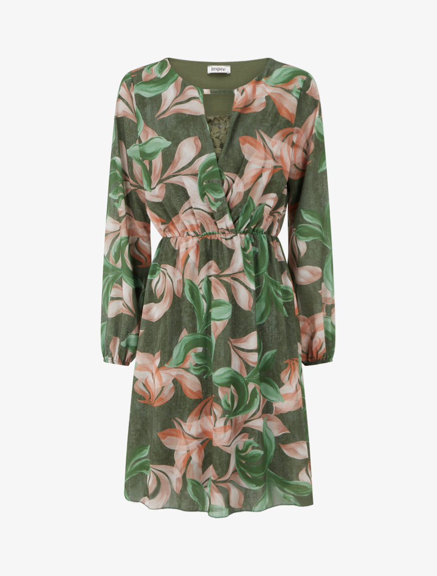 Robe évasée imprimé feuilles fantaisies - Vert - 1