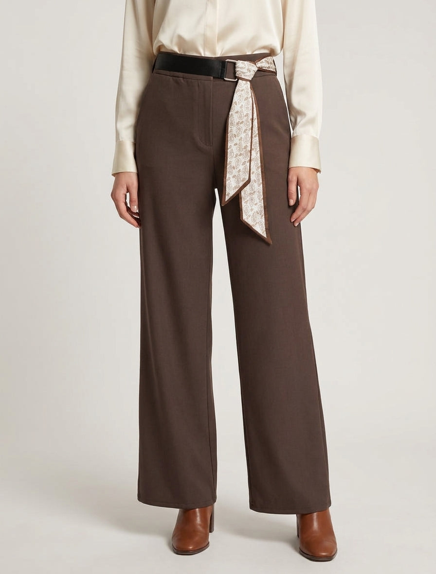 Pantalon ample à taille haute et ceinture style foulard - Marron