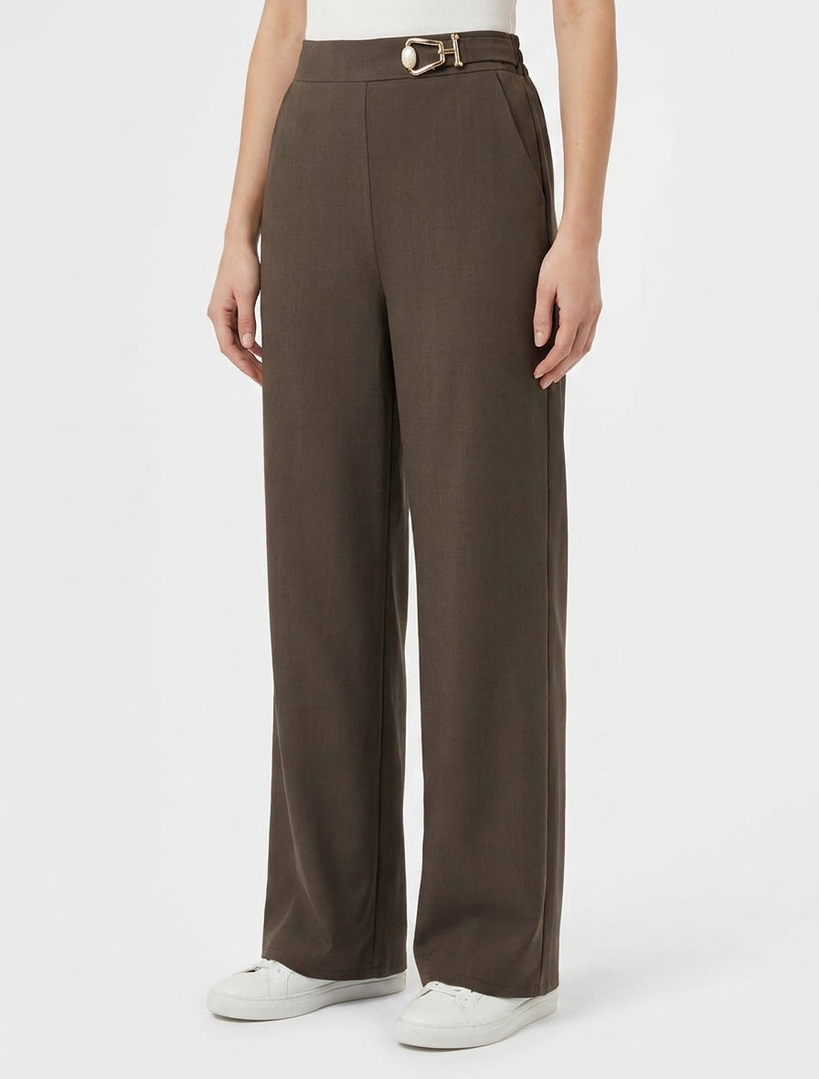 Pantalon ample taille haute à bijou fantaisie - Marron