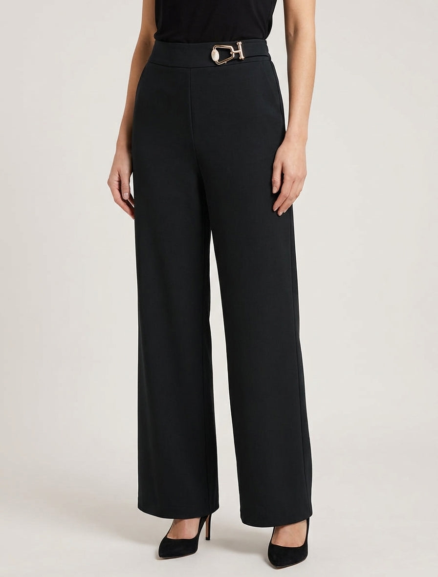Pantalon ample taille haute à bijou fantaisie - Noir