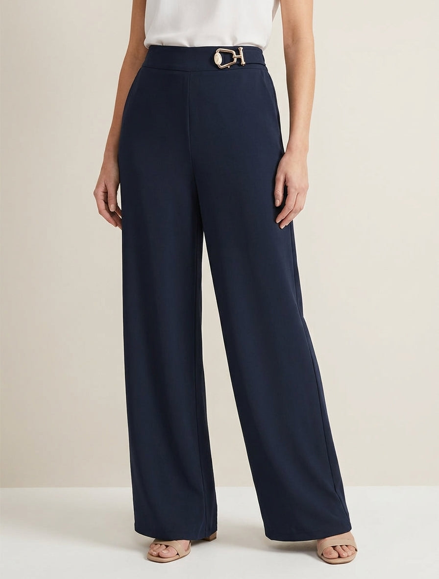 Pantalon ample taille haute à bijou fantaisie - Marine