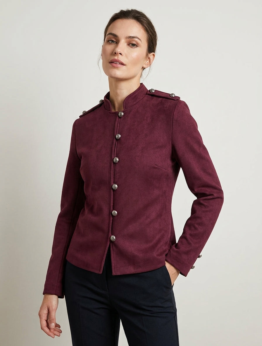 Veste en suédine boutonnée style officier - Lie de vin
