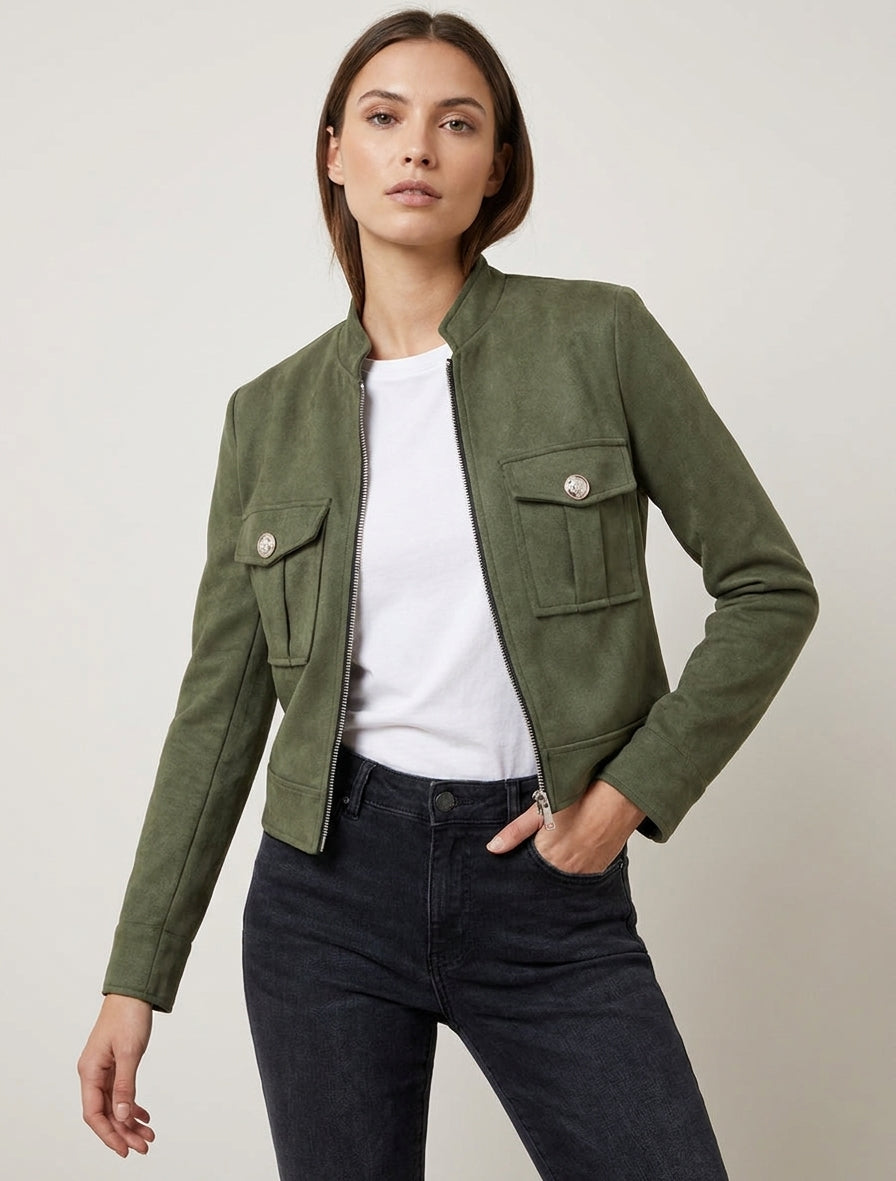 Veste en suédine zippée à poche à rabat - Kaki