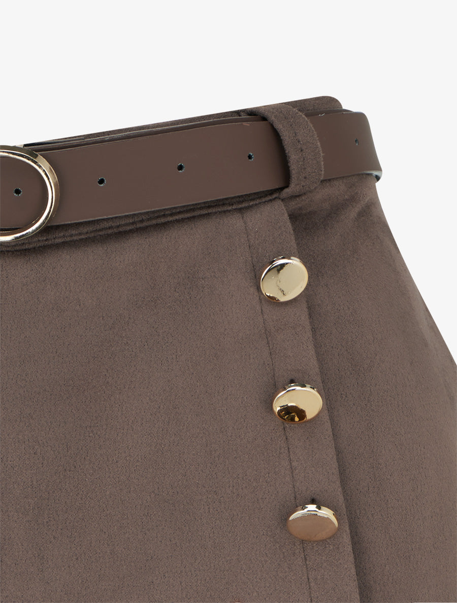 Jupe-short suédine à boutons décoratifs - Marron - 3